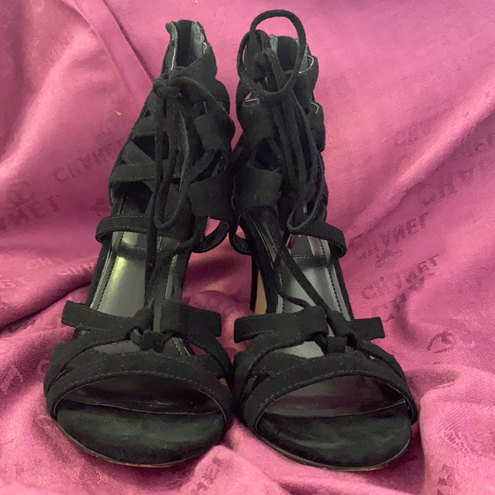 White House Black Market Black Suede Strappy Heal